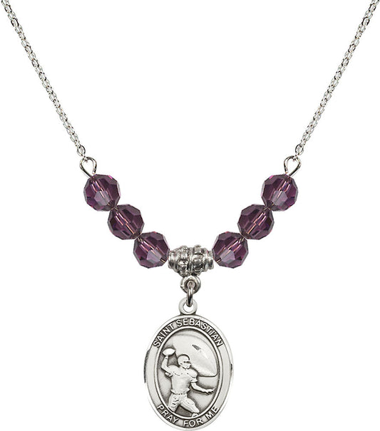 Sterling Silver Saint Sebastian / Football Birthstone Necklace with Amethyst Beads - 8601