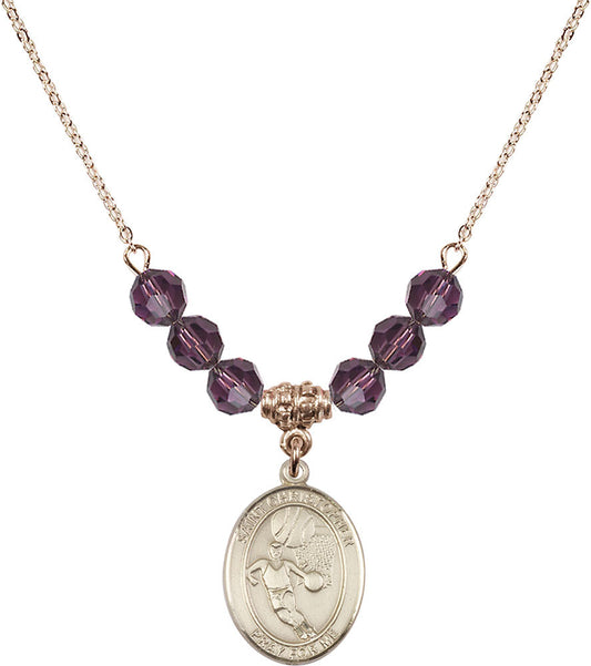 14kt Gold Filled Saint Sebastian/Basketball Birthstone Necklace with Amethyst Beads - 8602