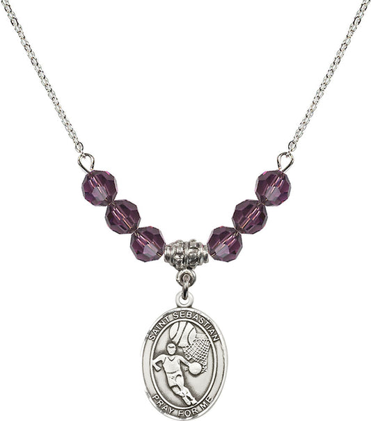 Sterling Silver Saint Sebastian/Basketball Birthstone Necklace with Amethyst Beads - 8602