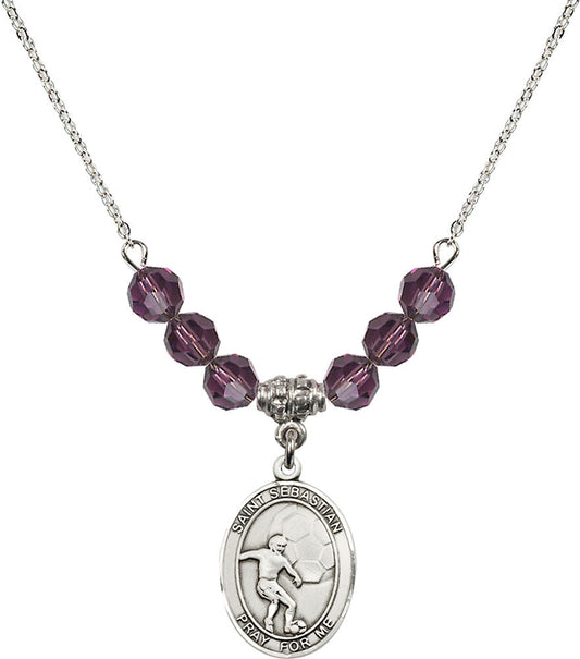 Sterling Silver Saint Sebastian / Soccer Birthstone Necklace with Amethyst Beads - 8603