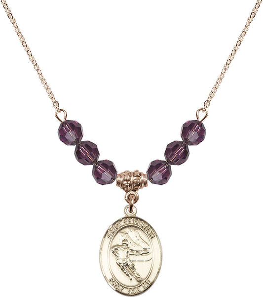 14kt Gold Filled Saint Sebastian / Hockey Birthstone Necklace with Amethyst Beads - 8604