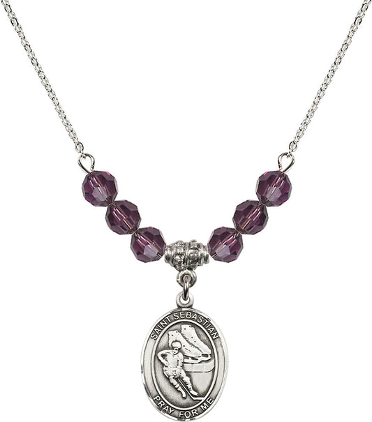 Sterling Silver Saint Sebastian / Hockey Birthstone Necklace with Amethyst Beads - 8604