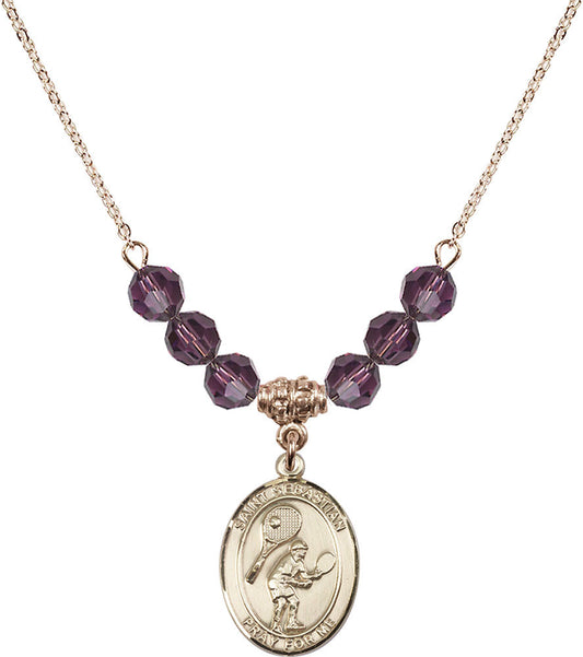 14kt Gold Filled Saint Sebastian / Tennis Birthstone Necklace with Amethyst Beads - 8605