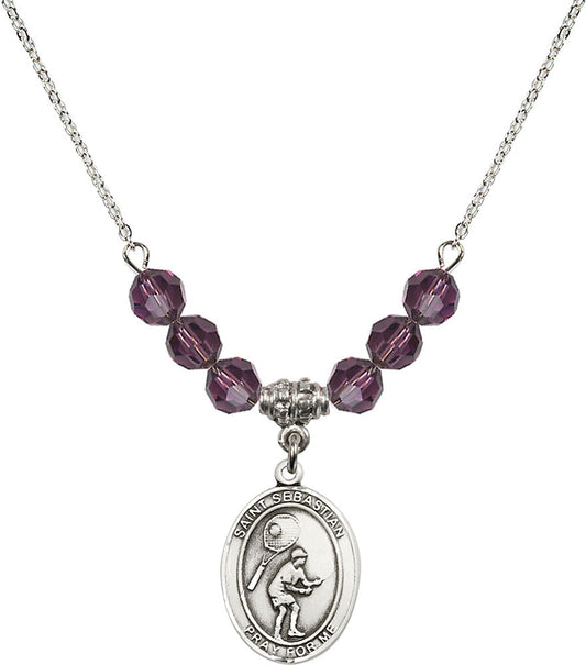 Sterling Silver Saint Sebastian / Tennis Birthstone Necklace with Amethyst Beads - 8605