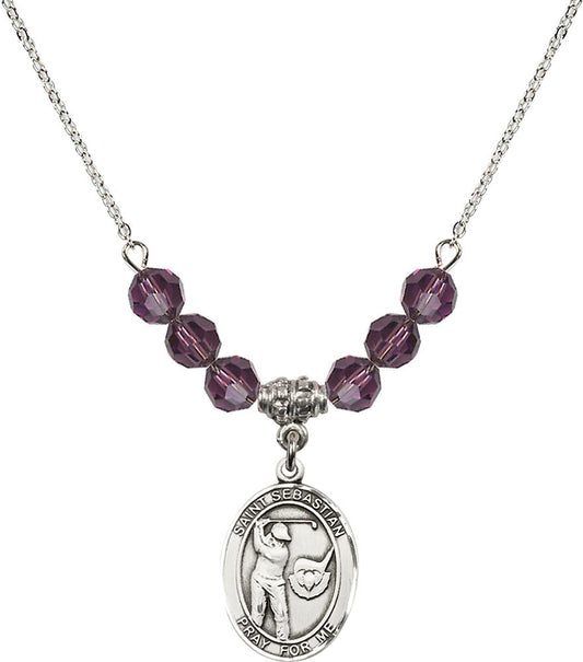 Sterling Silver Saint Sebastian / Golf Birthstone Necklace with Amethyst Beads - 8606