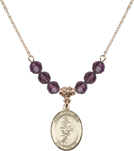 14kt Gold Filled Saint Sebastian/Softball Birthstone Necklace with Amethyst Beads - 8607