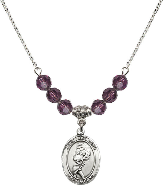 Sterling Silver Saint Sebastian/Softball Birthstone Necklace with Amethyst Beads - 8607