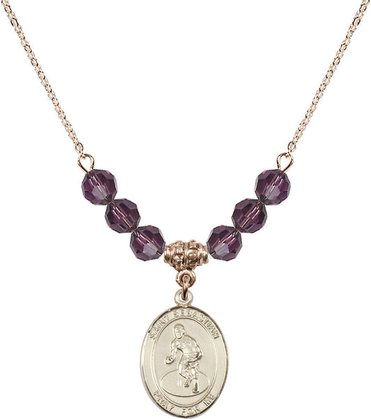 14kt Gold Filled Saint Sebastian/Wrestling Birthstone Necklace with Amethyst Beads - 8608