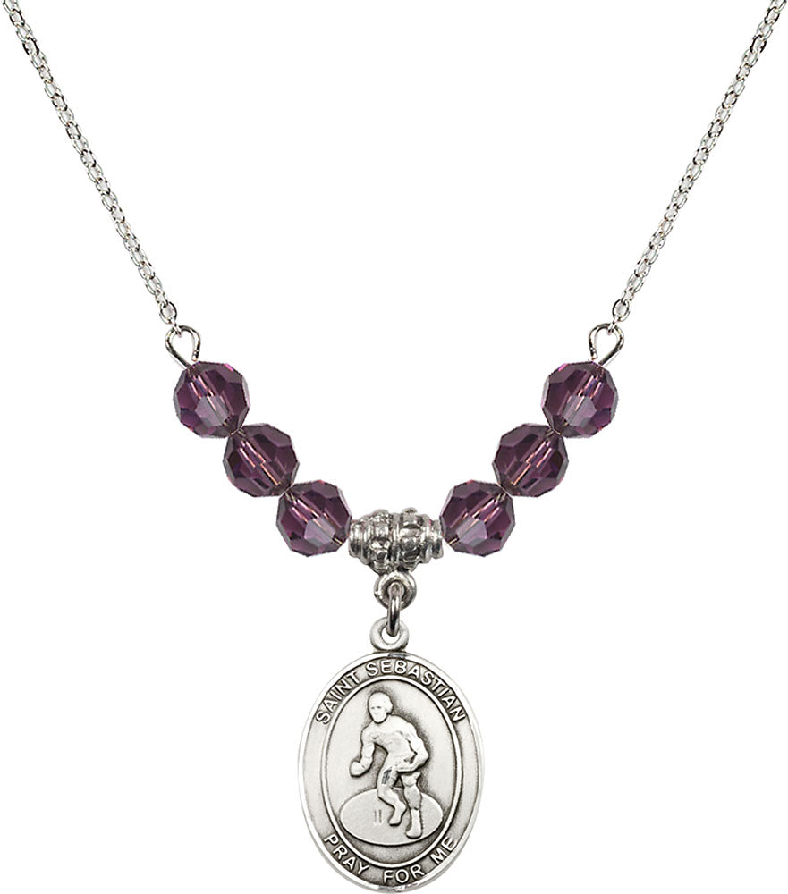 Sterling Silver Saint Sebastian/Wrestling Birthstone Necklace with Amethyst Beads - 8608