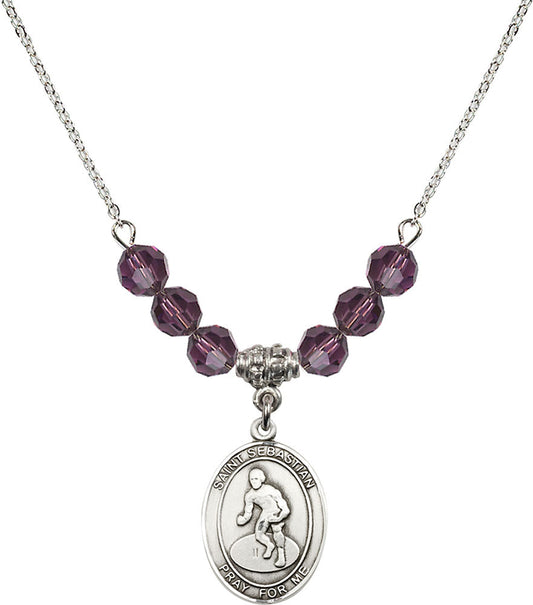 Sterling Silver Saint Sebastian/Wrestling Birthstone Necklace with Amethyst Beads - 8608