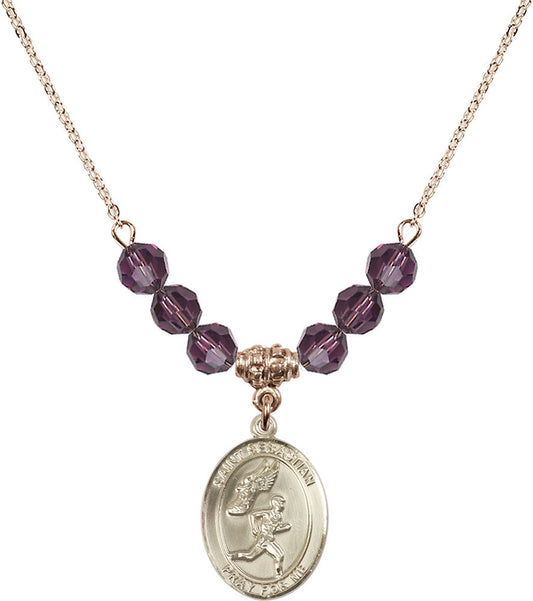 14kt Gold Filled Saint Sebastian /Track&Field-Men Birthstone Necklace with Amethyst Beads - 8609