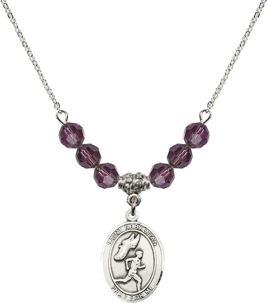 Sterling Silver Saint Sebastian /Track&Field-Men Birthstone Necklace with Amethyst Beads - 8609