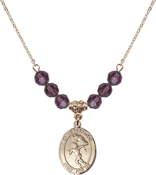 14kt Gold Filled Saint Sebastian /Track&Field-Women Birthstone Necklace with Amethyst Beads - 8610