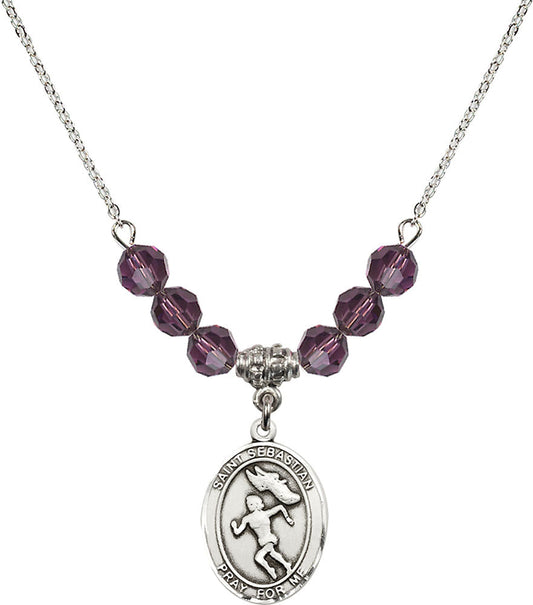 Sterling Silver Saint Sebastian /Track&Field-Women Birthstone Necklace with Amethyst Beads - 8610