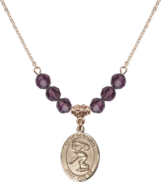 14kt Gold Filled Saint Sebastian/Swimming Birthstone Necklace with Amethyst Beads - 8611