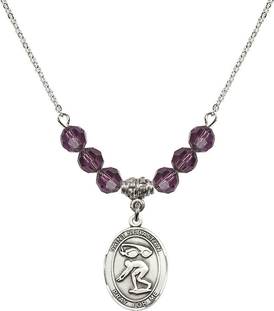 Sterling Silver Saint Sebastian/Swimming Birthstone Necklace with Amethyst Beads - 8611