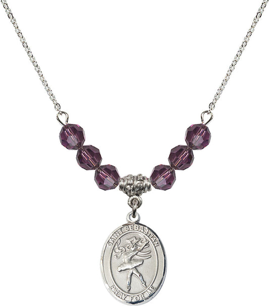Sterling Silver Saint Sebastian / Dance Birthstone Necklace with Amethyst Beads - 8612