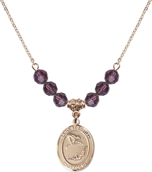 14kt Gold Filled Saint Sebastian/Gymnastics Birthstone Necklace with Amethyst Beads - 8613