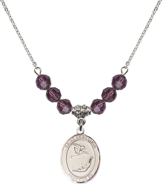 Sterling Silver Saint Sebastian/Gymnastics Birthstone Necklace with Amethyst Beads - 8613