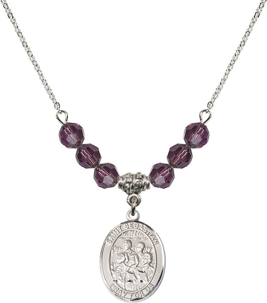 Sterling Silver Saint Sebastian / Choir Birthstone Necklace with Amethyst Beads - 8614