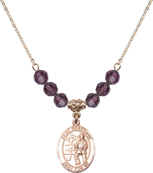 14kt Gold Filled Saint Sebastian/Karate Birthstone Necklace with Amethyst Beads - 8615