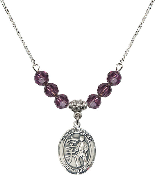 Sterling Silver Saint Sebastian/Karate Birthstone Necklace with Amethyst Beads - 8615