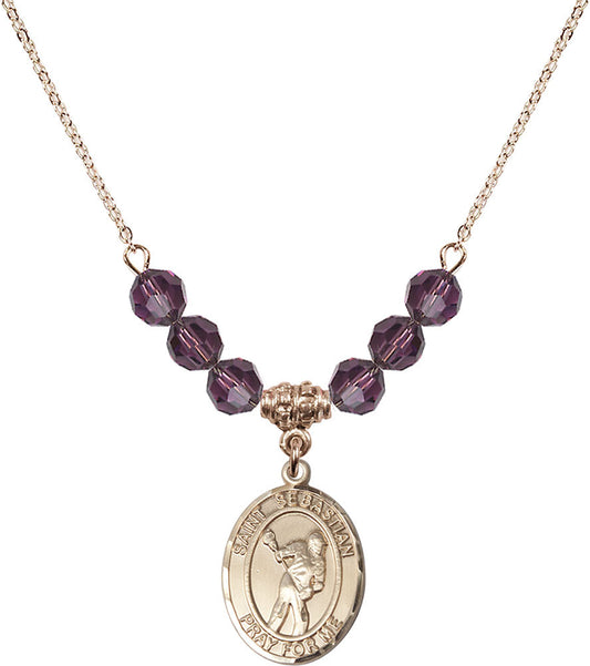 14kt Gold Filled Saint Sebastian/Lacrosse Birthstone Necklace with Amethyst Beads - 8616