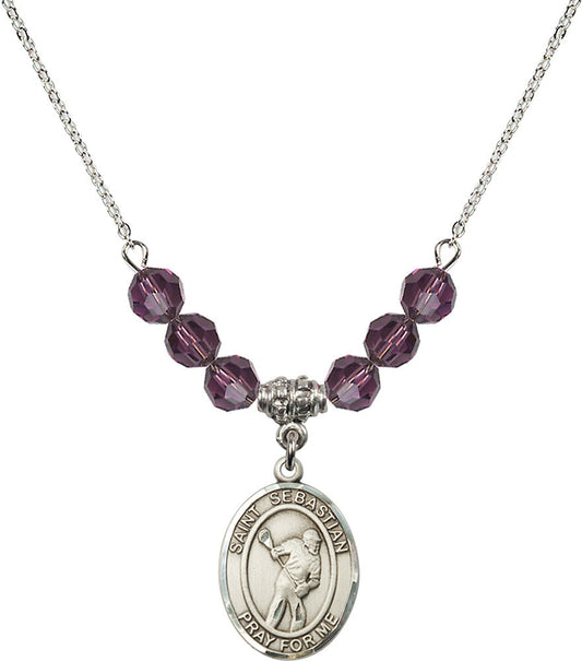 Sterling Silver Saint Sebastian/Lacrosse Birthstone Necklace with Amethyst Beads - 8616