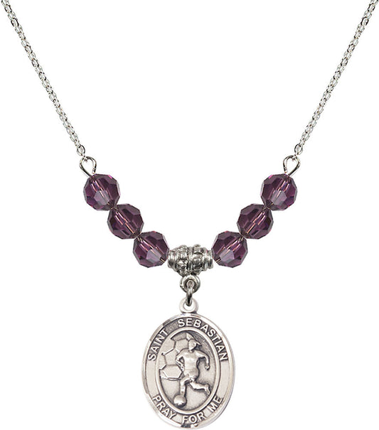 Sterling Silver Saint Sebastian/Soccer-Women Birthstone Necklace with Amethyst Beads - 8617