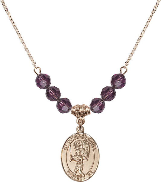 14kt Gold Filled Guardian Angel/Baseball Birthstone Necklace with Amethyst Beads - 8700