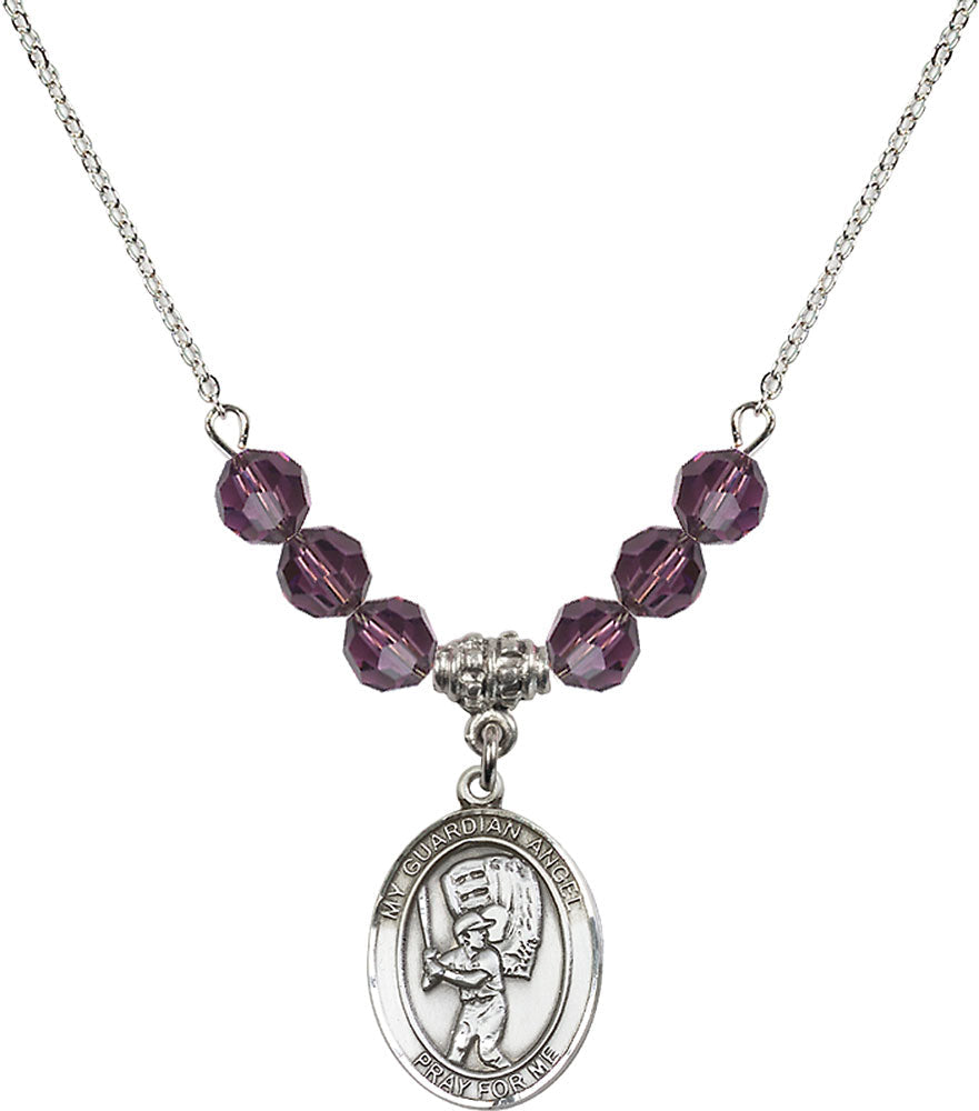 Sterling Silver Guardian Angel/Baseball Birthstone Necklace with Amethyst Beads - 8700