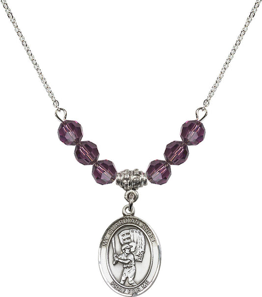Sterling Silver Guardian Angel/Baseball Birthstone Necklace with Amethyst Beads - 8700