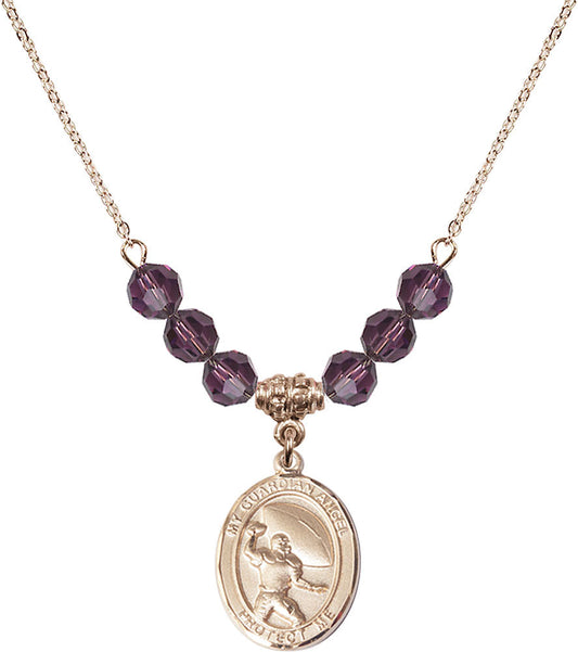 14kt Gold Filled Guardian Angel/Football Birthstone Necklace with Amethyst Beads - 8701