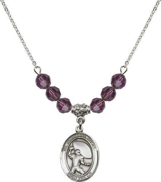 Sterling Silver Guardian Angel/Football Birthstone Necklace with Amethyst Beads - 8701