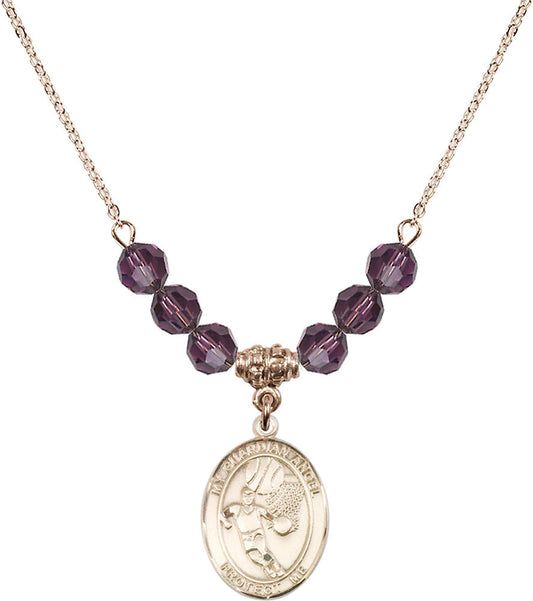 14kt Gold Filled Guardian Angel/Basketball Birthstone Necklace with Amethyst Beads - 8702
