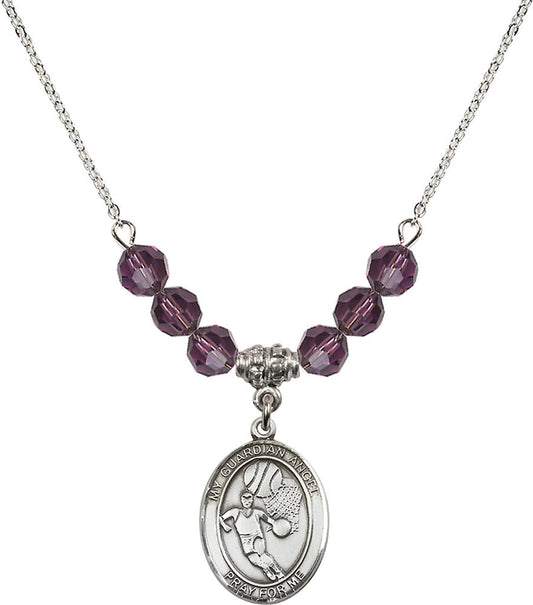 Sterling Silver Guardian Angel/Basketball Birthstone Necklace with Amethyst Beads - 8702