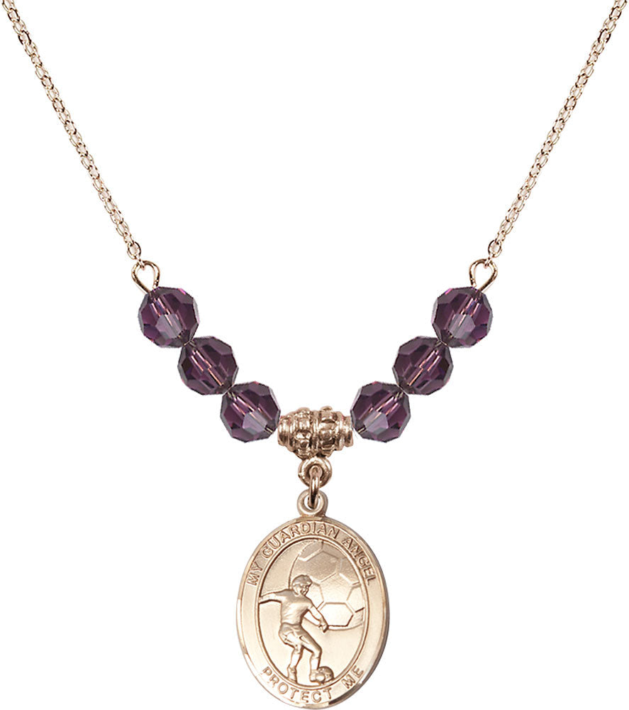 14kt Gold Filled Guardian Angel/Soccer Birthstone Necklace with Amethyst Beads - 8703