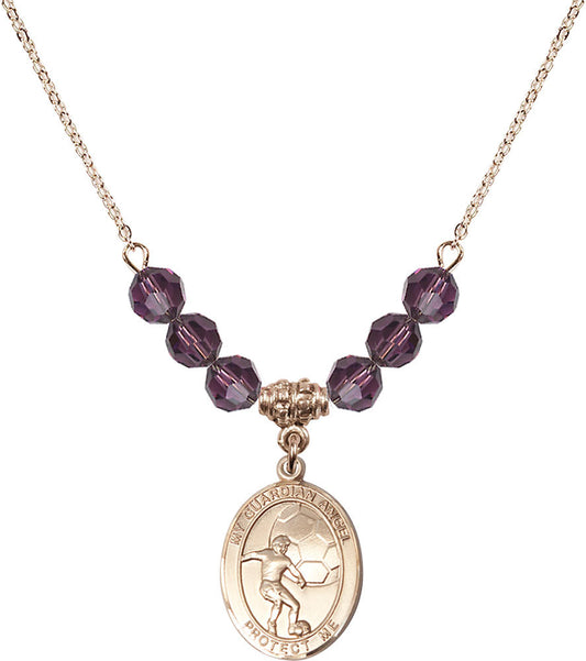 14kt Gold Filled Guardian Angel/Soccer Birthstone Necklace with Amethyst Beads - 8703