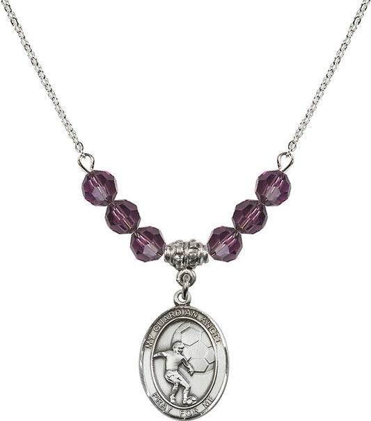 Sterling Silver Guardian Angel/Soccer Birthstone Necklace with Amethyst Beads - 8703