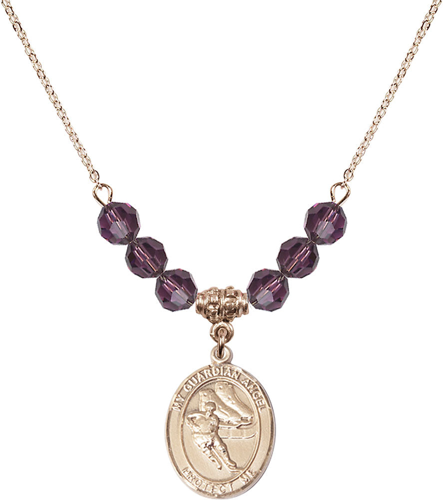 14kt Gold Filled Guardian Angel/Hockey Birthstone Necklace with Amethyst Beads - 8704