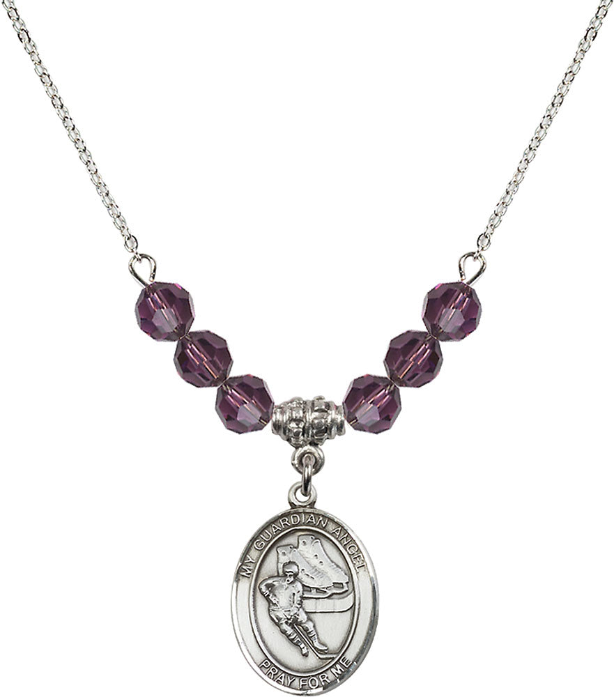 Sterling Silver Guardian Angel/Hockey Birthstone Necklace with Amethyst Beads - 8704