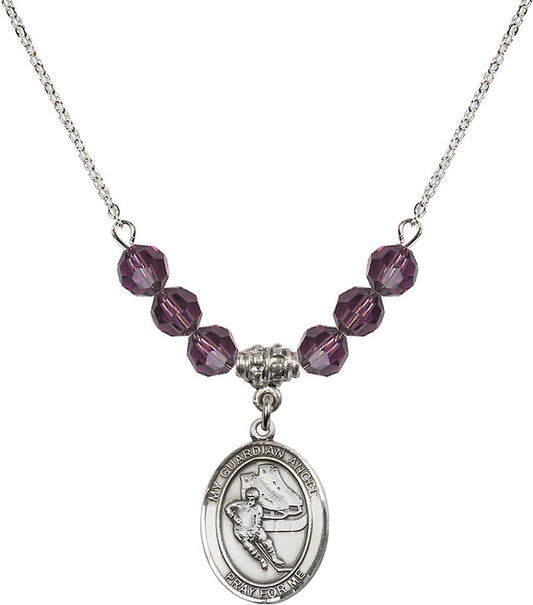 Sterling Silver Guardian Angel/Hockey Birthstone Necklace with Amethyst Beads - 8704