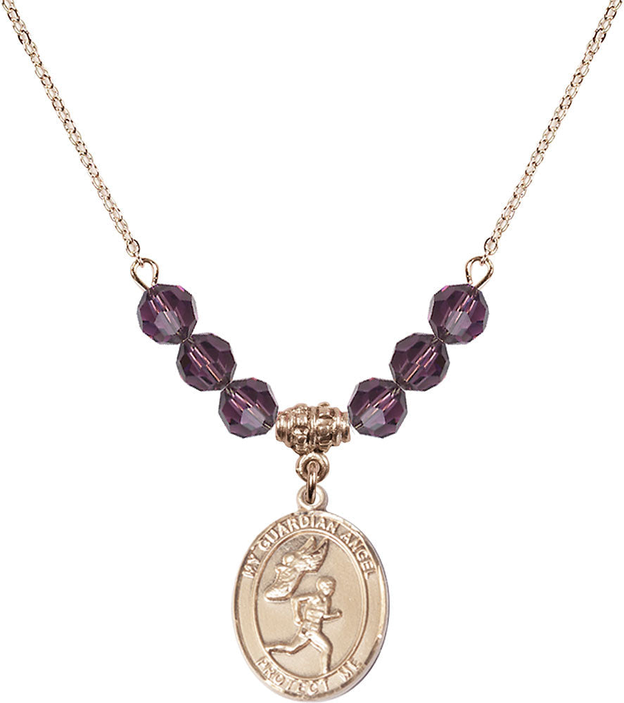 14kt Gold Filled Guardian Angel/Track&Field-Men Birthstone Necklace with Amethyst Beads - 8709