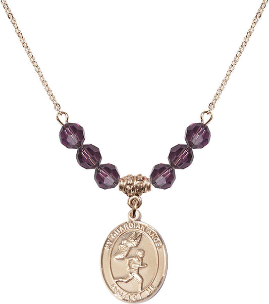 14kt Gold Filled Guardian Angel/Track&Field-Men Birthstone Necklace with Amethyst Beads - 8709