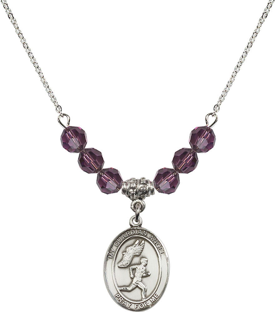Sterling Silver Guardian Angel/Track&Field-Men Birthstone Necklace with Amethyst Beads - 8709