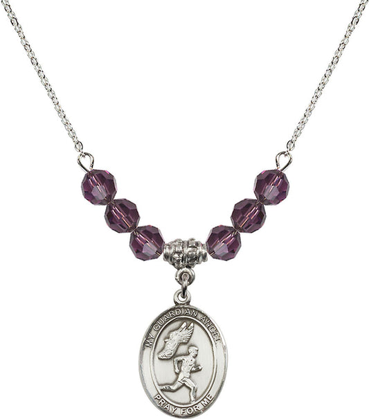 Sterling Silver Guardian Angel/Track&Field-Men Birthstone Necklace with Amethyst Beads - 8709