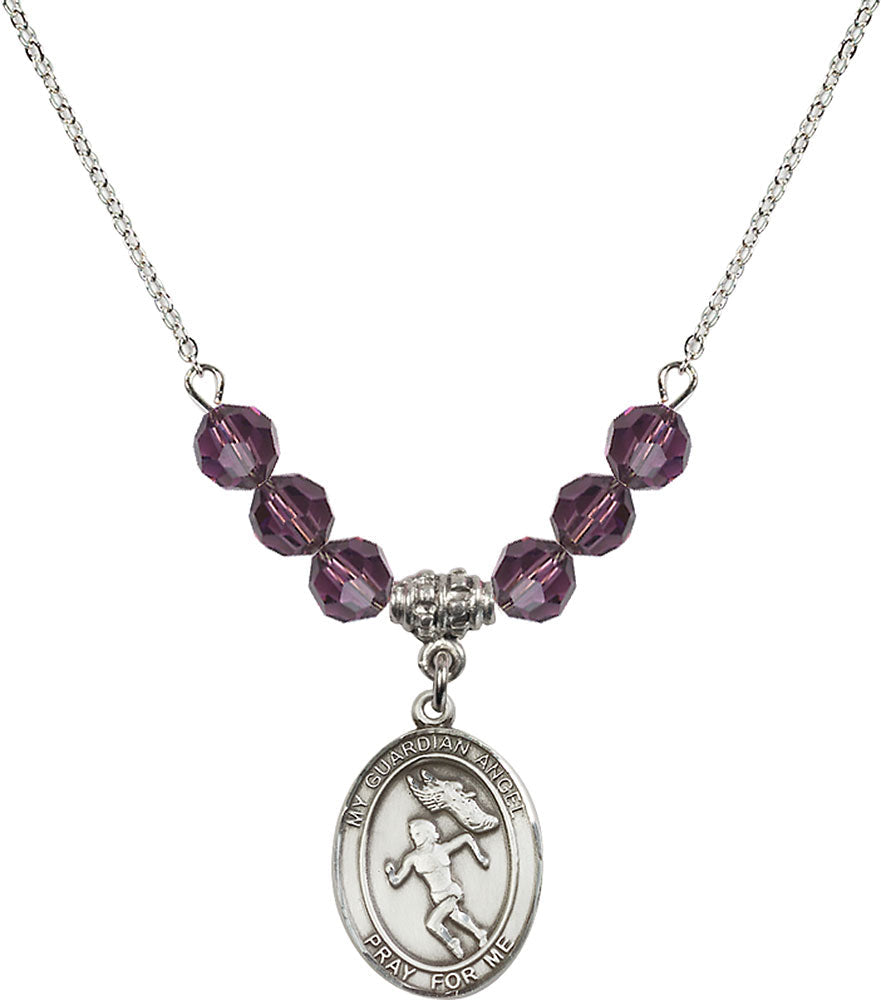 Sterling Silver Guardian Angel/Track&Field-Women Birthstone Necklace with Amethyst Beads - 8710
