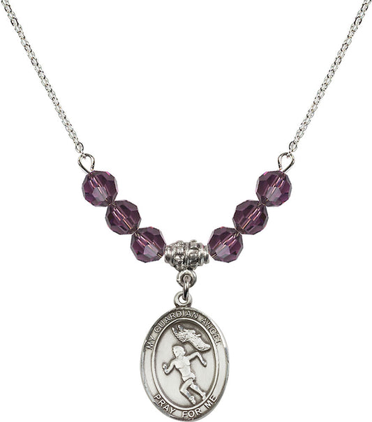 Sterling Silver Guardian Angel/Track&Field-Women Birthstone Necklace with Amethyst Beads - 8710