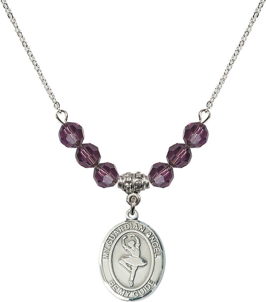 Sterling Silver Guardian Angel/Dance Birthstone Necklace with Amethyst Beads - 8712