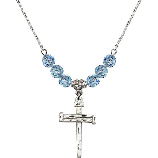 Sterling Silver Nail Cross Birthstone Necklace with Aqua Beads - 0013